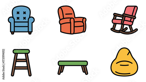 Vector art of a collection of cozy and stylish chairs, including armchairs, rocking chairs, stools, benches, and beanbags