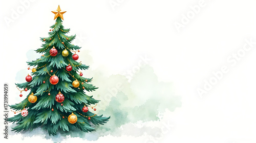 Decorated Holiday Tree Illustration with Star and Baubles