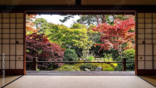 Japanese Garden View Through Traditional Sliding Door, Autumn Colors
