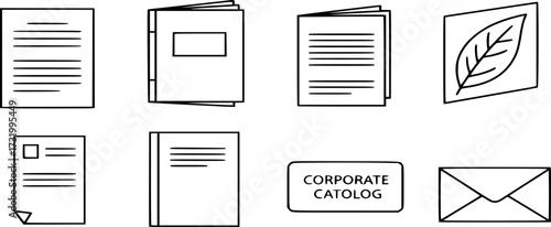 Flyer Brochure line icon set. letterhead, booklet, leaflet, corporate catalog, envelope vector illustration