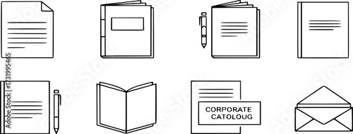 Flyer Brochure line icon set. letterhead, booklet, leaflet, corporate catalog, envelope vector illustration