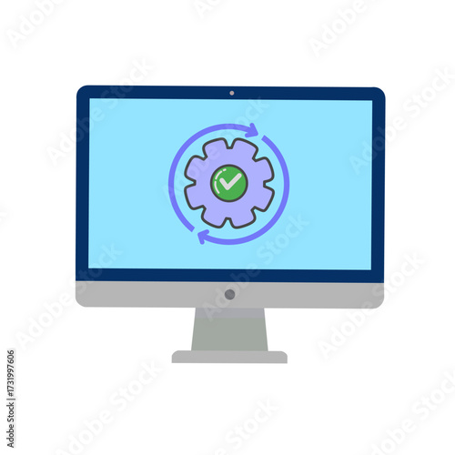 computer monitor with gear and check mark icon. Concept of system update, software installation, computer maintenance, process completed, settings, IT, and technology support.