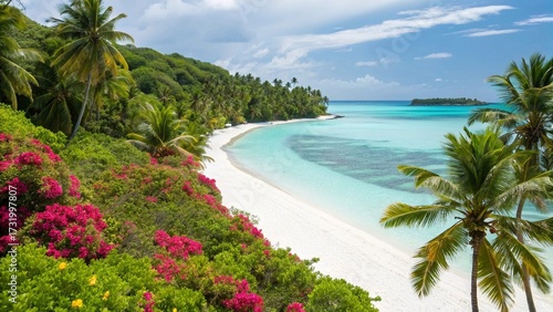 Fototapeta Naklejka Na Ścianę i Meble -  Panoramic view of tropical beach with white sand, turquoise water, palm trees and flowers