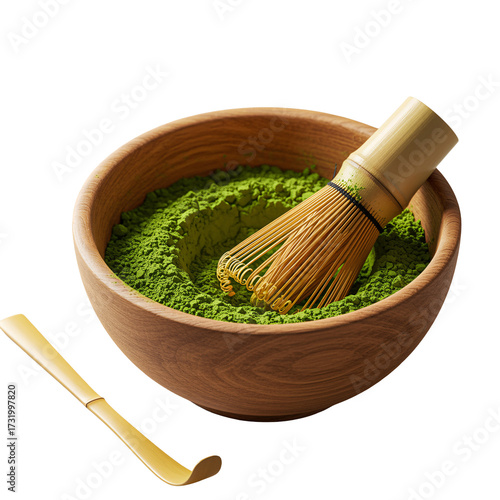 (AI) Matcha powder and bamboo whisk on transparent background
