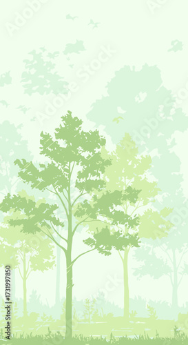 An illustrative depiction of a vibrant deciduous forest with a mix of green and autumnal trees, showcasing the beauty of nature.