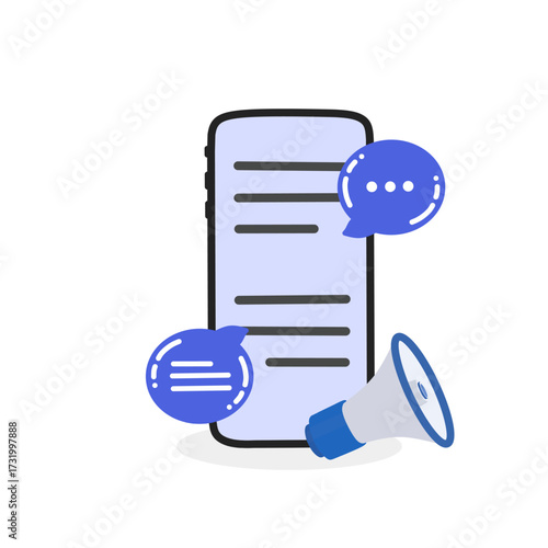 smartphone screen with text message bubbles and megaphone.