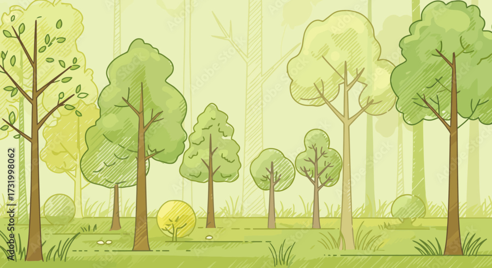 Obraz premium A charming illustration of a lush green forest with various trees and grassy ground, rendered in a soft, watercolor-like style.
