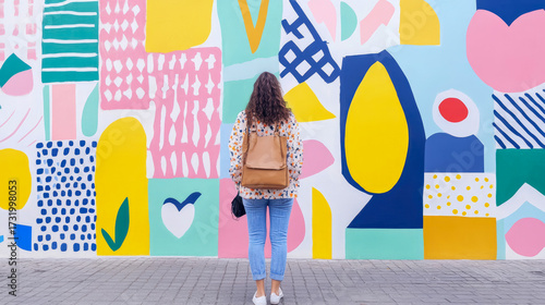 Solitary figure with backpack standing admiring massive, eye-catching street art mural featuring eclectic mix of abstract shapes, patterns, and dazzling array of cheerful colors, capturing urban artis
