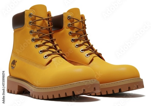 Classic yellow timberland work boots with laces isolated on white background