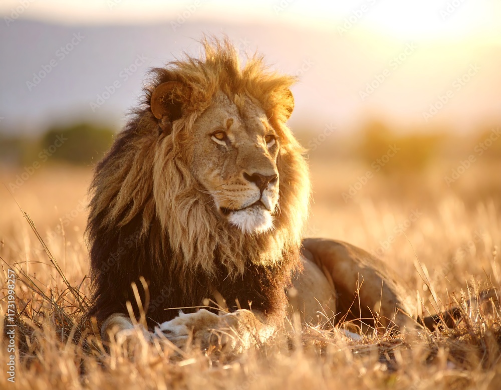 Obraz premium Majestic lion resting in golden light