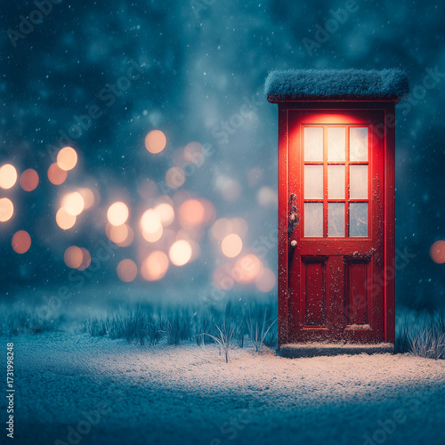 Red Door in Winter Night – Snowy Scene with Warm Light and Bokeh
