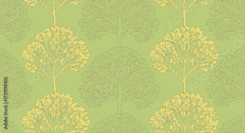 An illustrative depiction of a vibrant deciduous forest with a mix of green and autumnal trees, showcasing the beauty of nature.