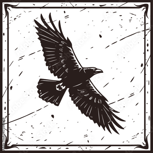Vintage raven silhouette in flight with detailed wings. Gothic crow illustration in grunge frame for tattoo art, Halloween, dark fantasy design, and mystical retro decor.