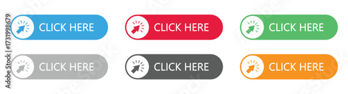Vector of Click here button. Click here button with arrow pointer clicking icon. Click here vector web button