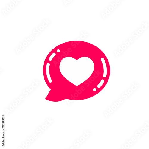 pink chat bubble with a white heart inside. Concept of love message, romantic chat, social media like, relationship communication, or online dating.