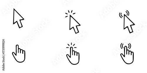 Clicking Cursor Icon Set: A minimalist collection of cursor icons showing various states, including a standard pointer, clicking, and interactive mouse actions.