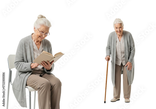 Collage of Happy Senior Woman Sitting and Reading Book and Standing with Walking Cane, Isolated on White.