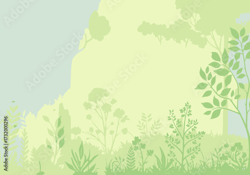 Serene natural landscape background featuring layered silhouettes of wild plants, flowers, and trees in a soft, light green color palette