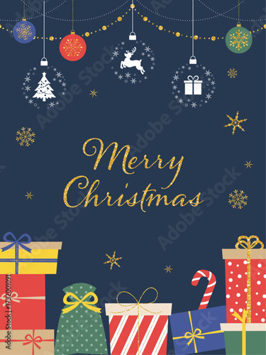 クリスマスプレゼントとオーナメントの背景_縦長_文字あり_ベクターイラスト
