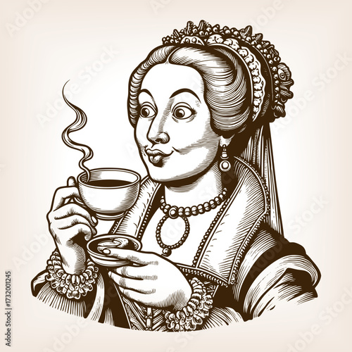 noblewoman in royal attire sipping a steaming cup of tea, with expressive and whimsical style sketch engraving generative ai fictional character vector illustration. Scratch board. Black and white.