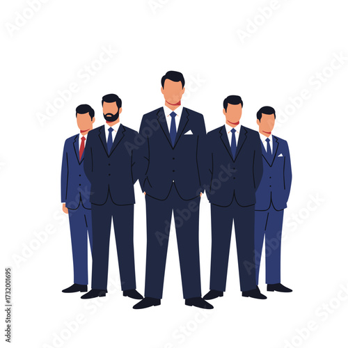 Group of five men in suits standing confidently in a business setting  
