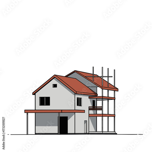 House under construction with scaffolding in simple design  