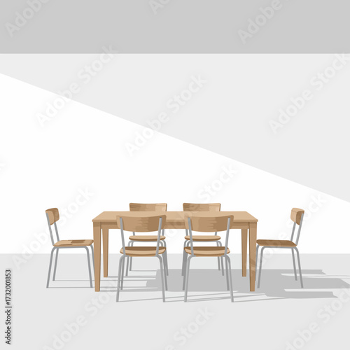 Minimalist Dining Room Illustration with Wooden Table and Chairs in Natural Light Creating a Serene Atmosphere