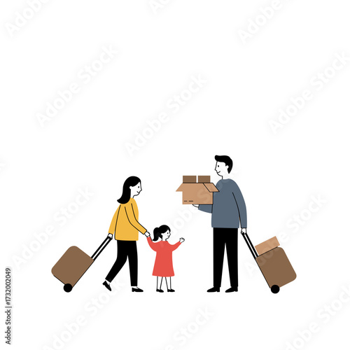 Family arriving with luggage and unpacking boxes together at home  