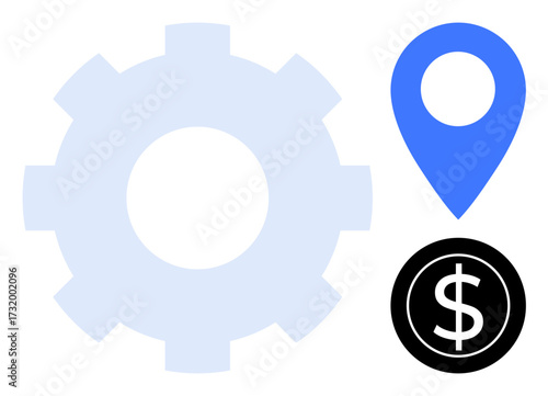 Large gear, blue location pin, black dollar sign. Ideal for business, operations, logistics, finance, navigation economics teamwork. Simple flat metaphor