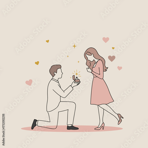 Man proposing to woman with ring in romantic setting surrounded by hearts  
