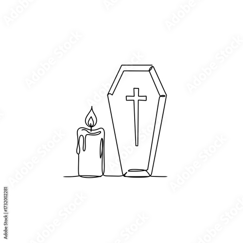 Simple line art of candle and coffin with cross symbol  