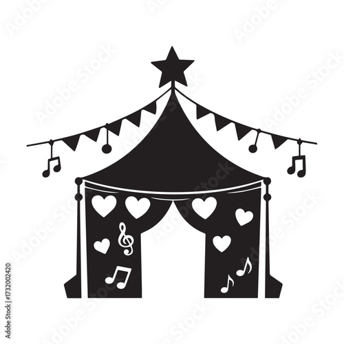 Silhouette festival decoration featuring stars, hearts, musical notes, and hanging ornaments.