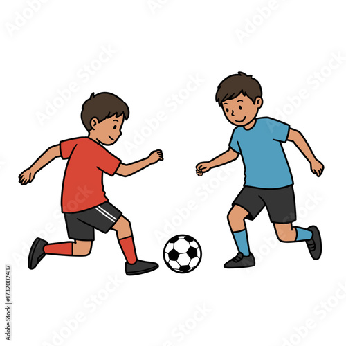 Two boys playing soccer wearing red and blue jerseys on white background  