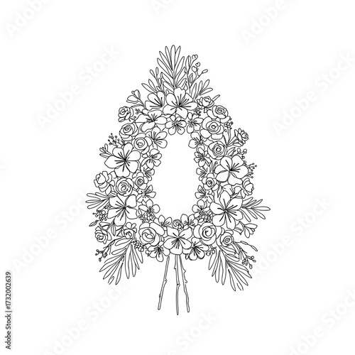 Floral wreath illustration in monochrome with various flowers  