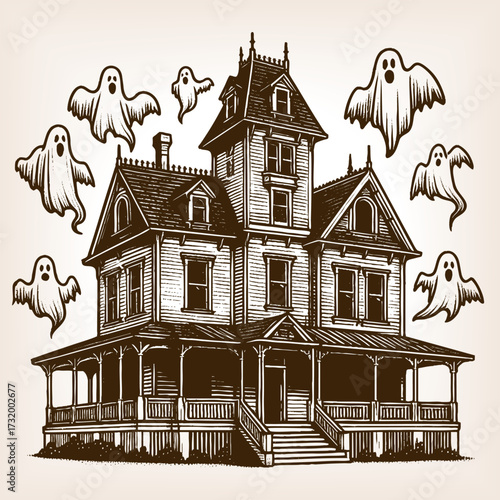 wooden house with a spooky ghost floating above the porch in a creepy scene sketch engraving generative ai vector illustration. Scratch board imitation. Black and white image.