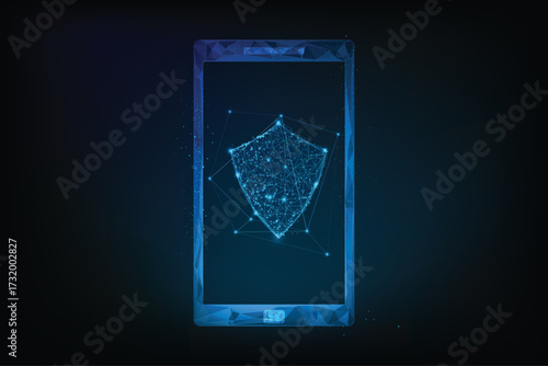 A futuristic digital illustration of a smartphone rendered in a low-poly wireframe style.