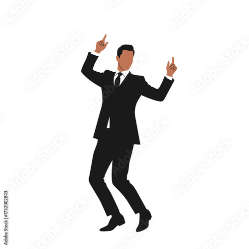 Businessman dancing joyfully in formal suit with raised hands  