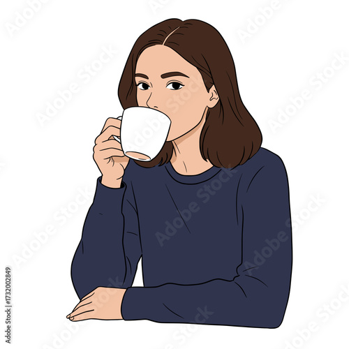 Young woman sipping coffee in sweater, sitting at table  