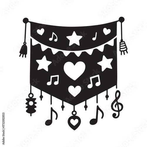 Silhouette festival decoration featuring stars, hearts, musical notes, and hanging ornaments.