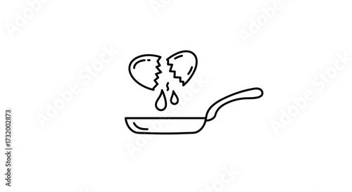 Cracked eggs above frying pan in minimal line art style  