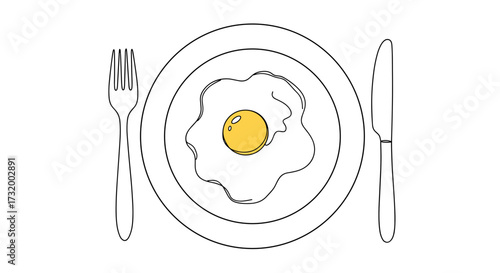 Fried egg on a white plate with fork and knife around it  