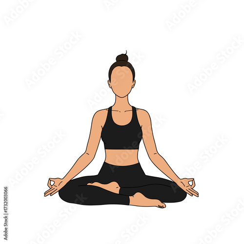 Woman meditating in lotus pose with a calm expression indoors  