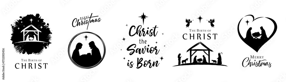 Fototapeta premium The birth of Christ and Merry Christmas creative nativity set. Creative design for Nativity greeting card or calendar cover. Vector illustration