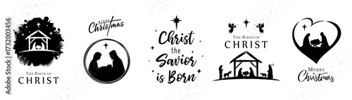The birth of Christ and Merry Christmas creative nativity set. Creative design for Nativity greeting card or calendar cover. Vector illustration