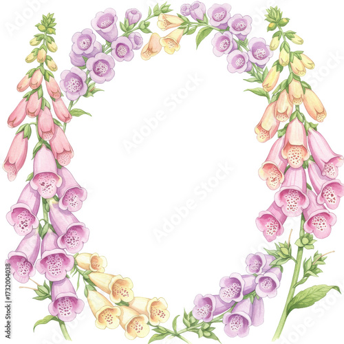 Watercolor foxglove floral wreath with pink, lavender, and yellow bell-shaped flowers isolated on white background