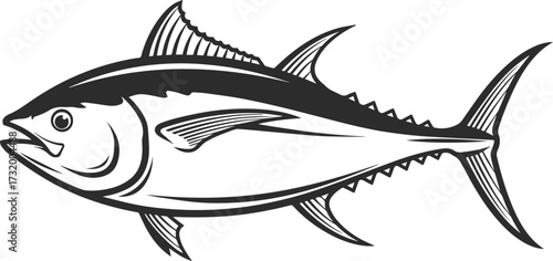 Big tuna icon with open mouth, eye, fins and tail, tuna icon in black color.