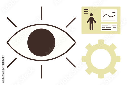 Eye surrounded by lines, data panel with chart and user icon, yellow gear. Ideal for innovation, productivity, analytics, research, strategy future vision optimization. Simple flat metaphor