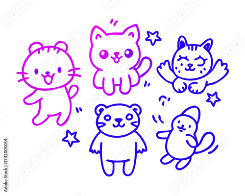 A funny collection of cute cartoon baby animal heads featuring a cat, dog, bear, and pig with a smile in a vector illustration