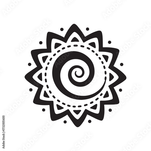 Tribal inspired circular festival silhouette with spiral waves and center pattern.