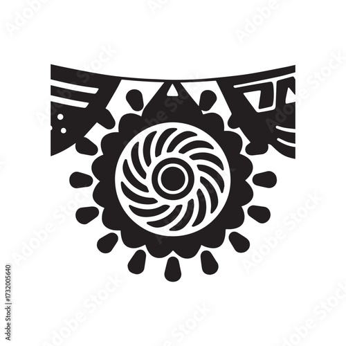 Tribal inspired circular festival silhouette with spiral waves and center pattern.
